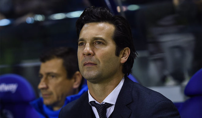 VALENCIA, SPAIN - FEBRUARY 24: Head coach Santiago Solari of Real Madrid CF looks on during the La Liga match between Levante UD and Real Madrid CF at Ciutat de Valencia on February 24, 2019 in Valencia, Spain. (Photo by Alex Caparros/Getty Images)
