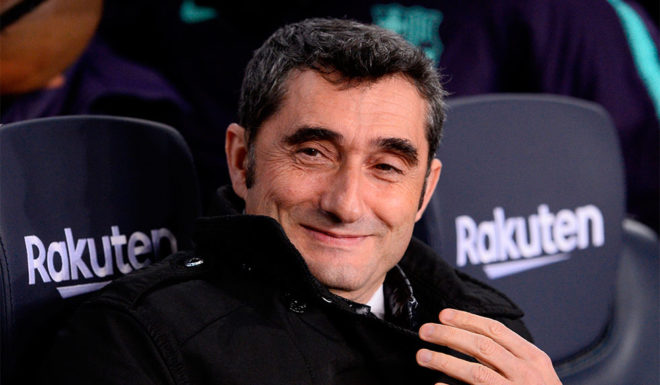 Barcelona's Spanish coach Ernesto Valverde sits on the bench before the Spanish League football match between Barcelona and Leganes at the Camp Nou stadium in Barcelona on January 20, 2019. (Photo by Josep LAGO / AFP) (Photo credit should read JOSEP LAGO/AFP/Getty Images)