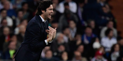 Real Madrid's Argentinian coach Santiago Solari gestures during the Spanish Copa del Rey (King's Cup) semi-final second leg football match between Real Madrid and Barcelona at the Santiago Bernabeu stadium in Madrid on February 27, 2019. (Photo by JAVIER SORIANO / AFP) (Photo credit should read JAVIER SORIANO/AFP/Getty Images)
