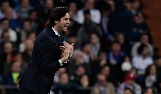 Real Madrid's Argentinian coach Santiago Solari gestures during the Spanish Copa del Rey (King's Cup) semi-final second leg football match between Real Madrid and Barcelona at the Santiago Bernabeu stadium in Madrid on February 27, 2019. (Photo by JAVIER SORIANO / AFP) (Photo credit should read JAVIER SORIANO/AFP/Getty Images)