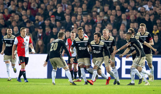 Argentinian Ajax Amsterdam Defender Nicolas Tafliafico reacts following a goal during the semi finals of the Dutch KNVB cup against Feyenoord Rotterdam in Rotterdam on February 27, 2019. (Photo by Olaf KRAAK / ANP / AFP) / Netherlands OUT (Photo credit should read OLAF KRAAK/AFP/Getty Images)