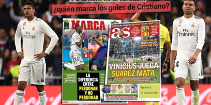 Real Madrid's French defender Raphael Varane (L) and Real Madrid's Brazilian midfielder Casemiro react to Barcelona's goal during the Spanish Copa del Rey (King's Cup) semi-final second leg football match between Real Madrid and Barcelona at the Santiago Bernabeu stadium in Madrid on February 27, 2019. (Photo by OSCAR DEL POZO / AFP) (Photo credit should read OSCAR DEL POZO/AFP/Getty Images)