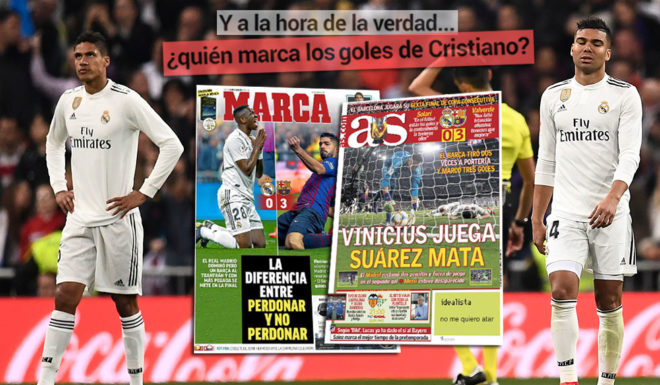 Real Madrid's French defender Raphael Varane (L) and Real Madrid's Brazilian midfielder Casemiro react to Barcelona's goal during the Spanish Copa del Rey (King's Cup) semi-final second leg football match between Real Madrid and Barcelona at the Santiago Bernabeu stadium in Madrid on February 27, 2019. (Photo by OSCAR DEL POZO / AFP) (Photo credit should read OSCAR DEL POZO/AFP/Getty Images)