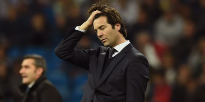 MADRID, SPAIN - FEBRUARY 27: Head coach Santiago Solari of Real Madrid reacts during the Copa del Rey Semi Final second leg match between Real Madrid and FC Barcelona at Bernabeu on February 27, 2019 in Madrid, Spain. (Photo by Denis Doyle/Getty Images)