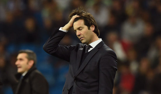 MADRID, SPAIN - FEBRUARY 27: Head coach Santiago Solari of Real Madrid reacts during the Copa del Rey Semi Final second leg match between Real Madrid and FC Barcelona at Bernabeu on February 27, 2019 in Madrid, Spain. (Photo by Denis Doyle/Getty Images)