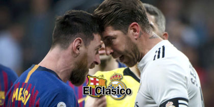 Barcelona's Argentinian forward Lionel Messi (L) argues with Real Madrid's Spanish defender Sergio Ramos during the Spanish league football match between Real Madrid CF and FC Barcelona at the Santiago Bernabeu stadium in Madrid on March 2, 2019. (Photo by CURTO DE LA TORRE / AFP) (Photo credit should read CURTO DE LA TORRE/AFP via Getty Images)