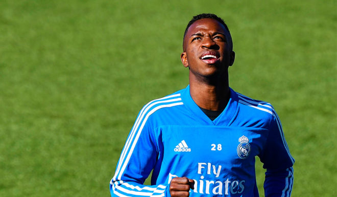 Real Madrid's Brazilian midfielder Casemiro (L) and Real Madrid's Brazilian forward Vinicius Junior attend a training session on the eve of the Spanish league "El Clasico" football match against Barcelona, at the training ground of Valdevebas in Madrid on March 1, 2019. (Photo by JAVIER SORIANO / AFP) (Photo credit should read JAVIER SORIANO/AFP/Getty Images)