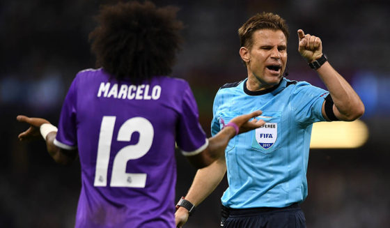 CARDIFF, WALES - JUNE 03: Marcelo of Real Madrid and referee Felix Brych argue during the UEFA Champions League Final between Juventus and Real Madrid at National Stadium of Wales on June 3, 2017 in Cardiff, Wales. (Photo by Shaun Botterill/Getty Images)