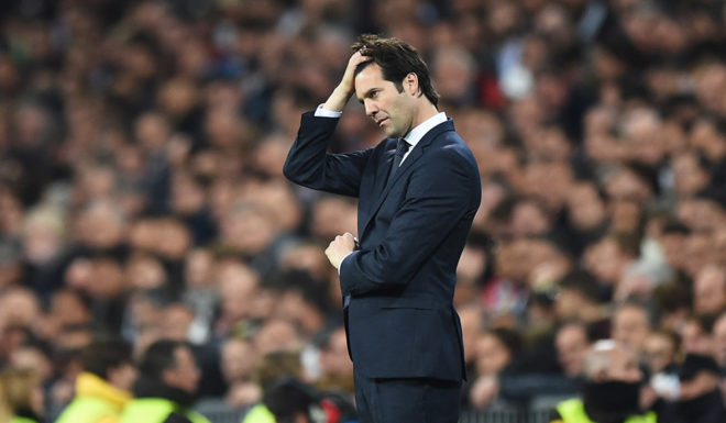 MADRID, SPAIN - MARCH 05: Santiago Solari, Manager of Real Madrid reacts during the UEFA Champions League Round of 16 Second Leg match between Real Madrid and Ajax at Bernabeu on March 05, 2019 in Madrid, Spain. (Photo by Denis Doyle/Getty Images)