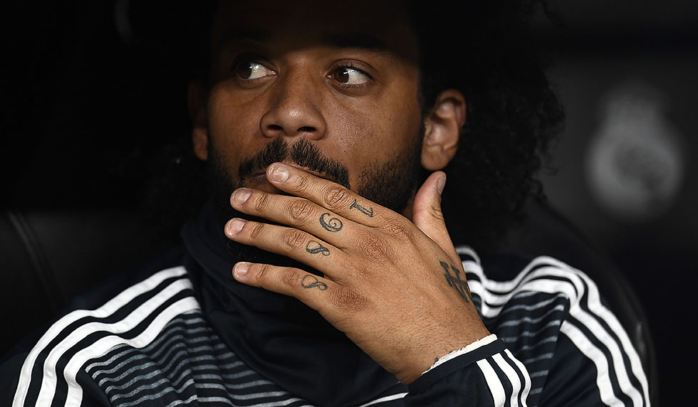 Real Madrid's Brazilian defender Marcelo looks on before the Spanish Copa del Rey (King's Cup) semi-final second leg football match between Real Madrid and Barcelona at the Santiago Bernabeu stadium in Madrid on February 27, 2019. (Photo by OSCAR DEL POZO / AFP) (Photo credit should read OSCAR DEL POZO/AFP/Getty Images)