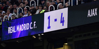 The score board is pictured during the UEFA Champions League round of 16 second leg football match between Real Madrid CF and Ajax at the Santiago Bernabeu stadium in Madrid on March 5, 2019. (Photo by JAVIER SORIANO / AFP) (Photo credit should read JAVIER SORIANO/AFP/Getty Images)