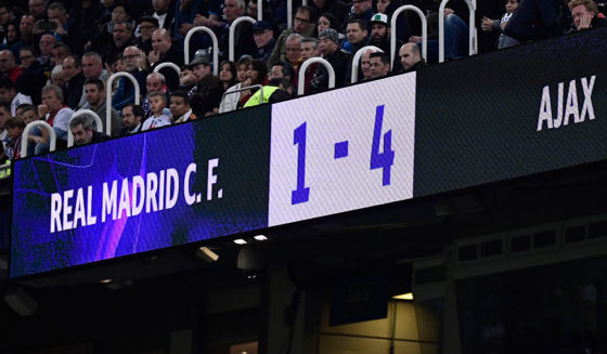The score board is pictured during the UEFA Champions League round of 16 second leg football match between Real Madrid CF and Ajax at the Santiago Bernabeu stadium in Madrid on March 5, 2019. (Photo by JAVIER SORIANO / AFP) (Photo credit should read JAVIER SORIANO/AFP/Getty Images)
