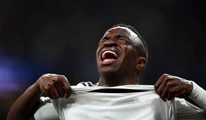 Real Madrid's Brazilian forward Vinicius Junior reacts as he walks off the pitch after getting injured during the UEFA Champions League round of 16 second leg football match between Real Madrid CF and Ajax at the Santiago Bernabeu stadium in Madrid on March 5, 2019. (Photo by GABRIEL BOUYS / AFP) (Photo credit should read GABRIEL BOUYS/AFP/Getty Images)