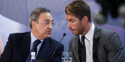 MADRID, SPAIN - DECEMBER 10: (L-R) Real Madrid President Florentino Perez and Real Madrid football player Sergio Ramos presents new book 'Sergio Ramos. Corazon, Caracter y Pasion' at Estadio Santiago Bernabeu on December 10, 2012 in Madrid, Spain. (Photo by Pablo Blazquez Dominguez/Getty Images)