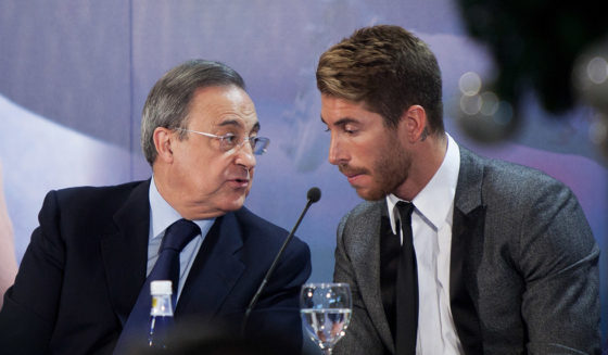 MADRID, SPAIN - DECEMBER 10: (L-R) Real Madrid President Florentino Perez and Real Madrid football player Sergio Ramos presents new book 'Sergio Ramos. Corazon, Caracter y Pasion' at Estadio Santiago Bernabeu on December 10, 2012 in Madrid, Spain. (Photo by Pablo Blazquez Dominguez/Getty Images)