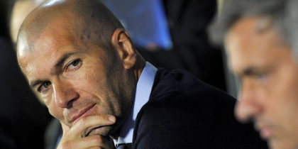 Former French football player Zinedine Zidane (L) looks to Real Madrid's Portuguese coach Jose Mourinho during a press conference at White Hart Lane stadium in London on April 12, 2011, on the eve of the Champions League quarter-final second leg football match against Tottenham Hotspur. AFP PHOTO/JAVIER SORIANO. (Photo credit should read JAVIER SORIANO/AFP/Getty Images)