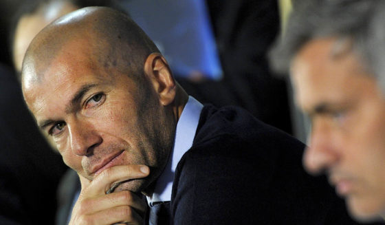 Former French football player Zinedine Zidane (L) looks to Real Madrid's Portuguese coach Jose Mourinho during a press conference at White Hart Lane stadium in London on April 12, 2011, on the eve of the Champions League quarter-final second leg football match against Tottenham Hotspur. AFP PHOTO/JAVIER SORIANO. (Photo credit should read JAVIER SORIANO/AFP/Getty Images)