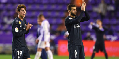 VALLADOLID, SPAIN - MARCH 10: Alvaro Odriozola (19) and Nacho of Real Madrid (6) applaud the travelling fans after the La Liga match between Real Valladolid CF and Real Madrid CF at Jose Zorrilla on March 10, 2019 in Valladolid, Spain. (Photo by Denis Doyle/Getty Images)