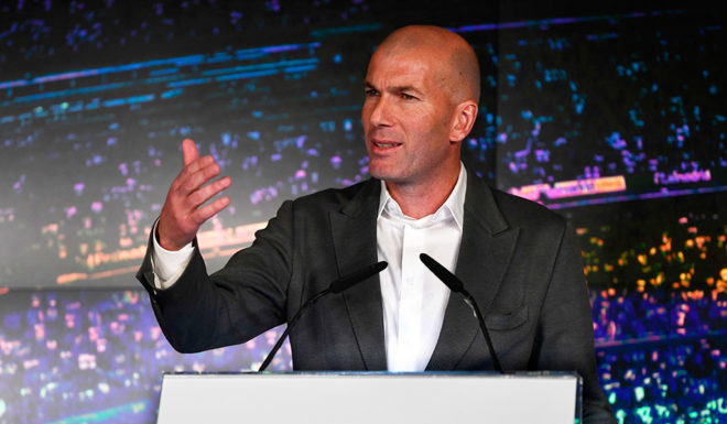 Real Madrid´s newly appointed French coach Zinedine Zidane arrives gives a press conference on March 11, 2019 in Madrid. - Zinedine Zidane has made a sensational return as coach of Real Madrid after Santiago Solari's sacking was finally confirmed. Zidane has been given a contract until June 2022, just nine months after he resigned at the end of last season, having led Madrid to an historic third consecutive Champions League triumph. (Photo by PIERRE-PHILIPPE MARCOU / AFP) (Photo credit should read PIERRE-PHILIPPE MARCOU/AFP/Getty Images)
