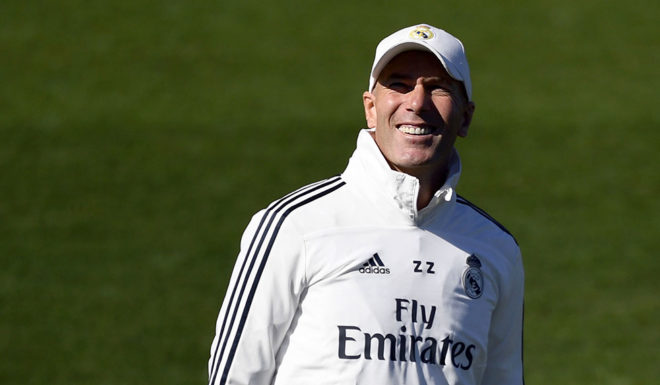 Real Madrid's French coach Zinedine Zidane attends a training session at the Valdebebas training facilities in Madrid on March 15, 2019. (Photo by GABRIEL BOUYS / AFP) (Photo credit should read GABRIEL BOUYS/AFP/Getty Images)