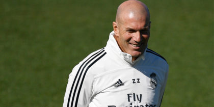 Real Madrid's French coach Zinedine Zidane smiles during a training session at the Valdebebas training facilities in Madrid on March 15, 2019. (Photo by GABRIEL BOUYS / AFP) (Photo credit should read GABRIEL BOUYS/AFP/Getty Images)