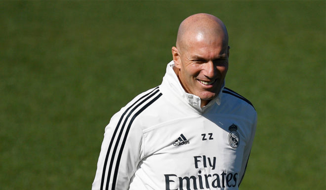 Real Madrid's French coach Zinedine Zidane smiles during a training session at the Valdebebas training facilities in Madrid on March 15, 2019. (Photo by GABRIEL BOUYS / AFP) (Photo credit should read GABRIEL BOUYS/AFP/Getty Images)