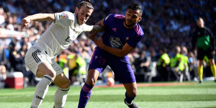 Real Madrid's Welsh forward Gareth Bale (L) vies with Celta Vigo's Moroccan midfielder Sofiane Boufal during the Spanish league football match between Real Madrid CF and RC Celta de Vigo at the Santiago Bernabeu stadium in Madrid on March 16, 2019. (Photo by GABRIEL BOUYS / AFP) (Photo credit should read GABRIEL BOUYS/AFP/Getty Images)