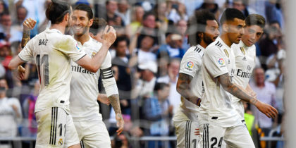 Real Madrid's Welsh forward Gareth Bale (L) celebrates his goal with Real Madrid's Spanish defender Sergio Ramos during the Spanish league football match between Real Madrid CF and RC Celta de Vigo at the Santiago Bernabeu stadium in Madrid on March 16, 2019. (Photo by GABRIEL BOUYS / AFP) (Photo credit should read GABRIEL BOUYS/AFP/Getty Images)