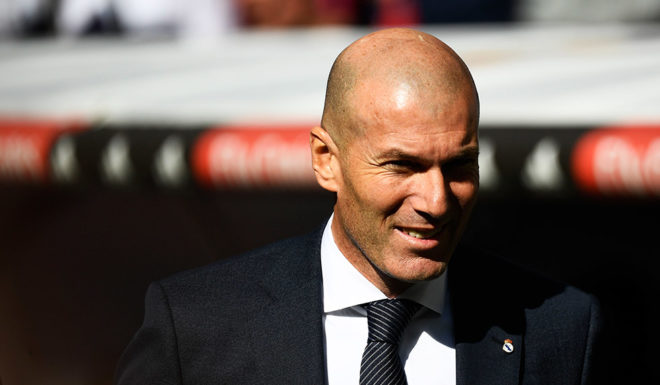 Real Madrid's French coach Zinedine Zidane looks on before the Spanish league football match between Real Madrid CF and RC Celta de Vigo at the Santiago Bernabeu stadium in Madrid on March 16, 2019. (Photo by GABRIEL BOUYS / AFP) (Photo credit should read GABRIEL BOUYS/AFP/Getty Images)