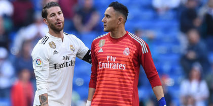 MADRID, SPAIN - MARCH 16: Sergio Ramos of Real Madrid congratulates Keylor Navas of Real Madrid following the La Liga match between Real Madrid CF and RC Celta de Vigo at Estadio Santiago Bernabeu on March 16, 2019 in Madrid, Spain. (Photo by Denis Doyle/Getty Images)