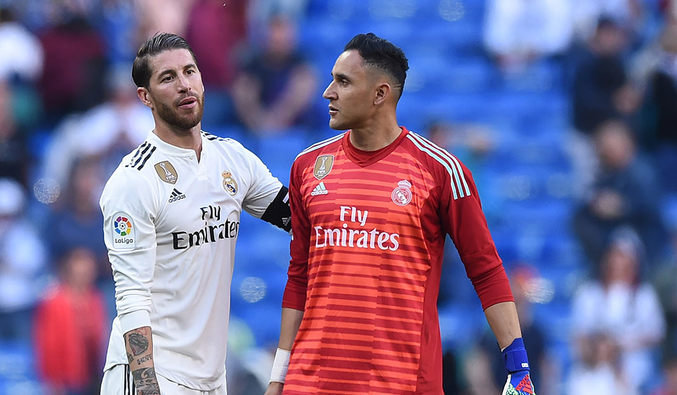 MADRID, SPAIN - MARCH 16: Sergio Ramos of Real Madrid congratulates Keylor Navas of Real Madrid following the La Liga match between Real Madrid CF and RC Celta de Vigo at Estadio Santiago Bernabeu on March 16, 2019 in Madrid, Spain. (Photo by Denis Doyle/Getty Images)