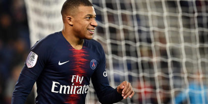 Paris Saint-Germain's French forward Kylian Mbappe reacts during the French L1 football match between Paris Saint-Germain and Montpellier at the Parc des Princes stadium on February 20, 2019. (Photo by FRANCK FIFE / AFP) (Photo credit should read FRANCK FIFE/AFP/Getty Images)
