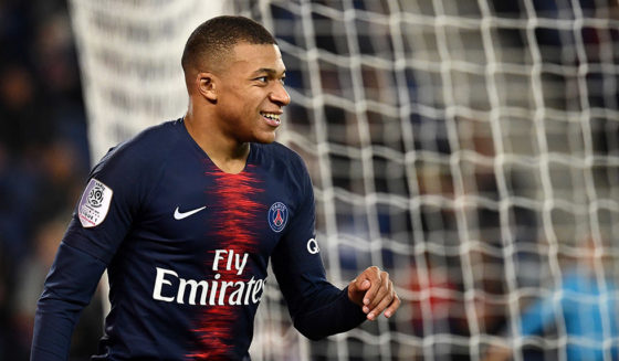 Paris Saint-Germain's French forward Kylian Mbappe reacts during the French L1 football match between Paris Saint-Germain and Montpellier at the Parc des Princes stadium on February 20, 2019. (Photo by FRANCK FIFE / AFP) (Photo credit should read FRANCK FIFE/AFP/Getty Images)