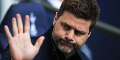 Tottenham Hotspur's Argentinian head coach Mauricio Pochettino awaits kick off in the English Premier League football match between Tottenham Hotspur and Arsenal at Wembley Stadium in London, on March 2, 2019. (Photo by Daniel LEAL-OLIVAS / AFP) / RESTRICTED TO EDITORIAL USE. No use with unauthorized audio, video, data, fixture lists, club/league logos or 'live' services. Online in-match use limited to 120 images. An additional 40 images may be used in extra time. No video emulation. Social media in-match use limited to 120 images. An additional 40 images may be used in extra time. No use in betting publications, games or single club/league/player publications. / (Photo credit should read DANIEL LEAL-OLIVAS/AFP/Getty Images)