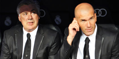 Real Madrid's Italian coach Carlo Ancelotti (L) and Real Madrid's first team Director Zinedine Zidane (R) look on before the Spanish league football match Real Madrid CF vs Real Betis at the Santiago Bernabeu stadium in Madrid on August 18, 2012. AFP PHOTO / GERARD JULIEN (Photo credit should read GERARD JULIEN/AFP/Getty Images)