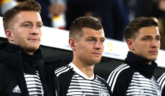 WOLFSBURG, GERMANY - MARCH 20: Toni Kroos of Germany looks on from the bench during the International Friendly match between Germany and Serbia at Volkswagen Arena on March 20, 2019 in Wolfsburg, Germany. (Photo by Lars Baron/Bongarts/Getty Images,)