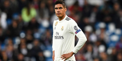 Real Madrid's French defender Raphael Varane reacts during the UEFA Champions League round of 16 second leg football match between Real Madrid CF and Ajax at the Santiago Bernabeu stadium in Madrid on March 5, 2019. (Photo by GABRIEL BOUYS / AFP) (Photo credit should read GABRIEL BOUYS/AFP/Getty Images)