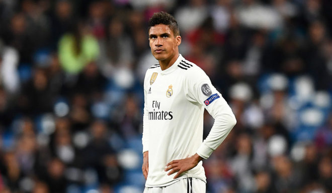 Real Madrid's French defender Raphael Varane reacts during the UEFA Champions League round of 16 second leg football match between Real Madrid CF and Ajax at the Santiago Bernabeu stadium in Madrid on March 5, 2019. (Photo by GABRIEL BOUYS / AFP) (Photo credit should read GABRIEL BOUYS/AFP/Getty Images)