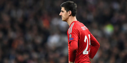 Real Madrid's Belgian goalkeeper Thibaut Courtois reacts during the UEFA Champions League round of 16 second leg football match between Real Madrid CF and Ajax at the Santiago Bernabeu stadium in Madrid on March 5, 2019. (Photo by GABRIEL BOUYS / AFP) (Photo credit should read GABRIEL BOUYS/AFP/Getty Images)