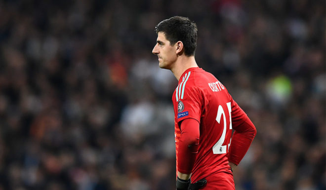 Real Madrid's Belgian goalkeeper Thibaut Courtois reacts during the UEFA Champions League round of 16 second leg football match between Real Madrid CF and Ajax at the Santiago Bernabeu stadium in Madrid on March 5, 2019. (Photo by GABRIEL BOUYS / AFP) (Photo credit should read GABRIEL BOUYS/AFP/Getty Images)