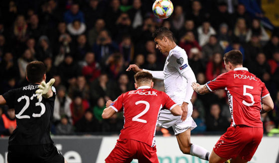France's defender Raphael Varane (2ndR) scores a goal during the Euro 2020 qualifying football match between Moldova and France, on March 22, 2019 at Zimbru stadium in Chisinau. (Photo by FRANCK FIFE / AFP) (Photo credit should read FRANCK FIFE/AFP/Getty Images)