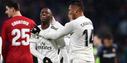 MADRID, SPAIN - JANUARY 19: Vinicius Junior of Real Madrid celebrates his teams second goal with Casemiro of Real Madrid during the La Liga match between Real Madrid CF and Sevilla FC at Estadio Santiago Bernabeu on January 19, 2019 in Madrid, Spain. (Photo by Denis Doyle/Getty Images)
