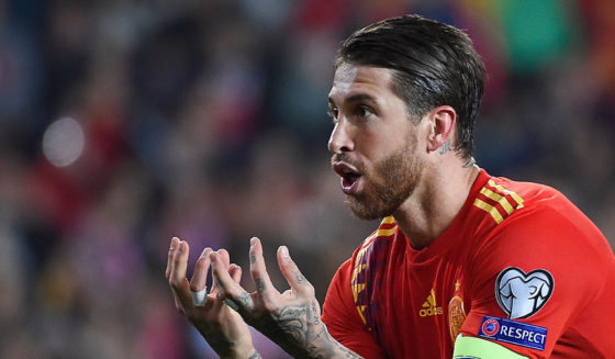 Spain's defender Sergio Ramos celebrates after scoring during the Euro 2020 group F qualifying football match between Spain and Norway at the Mestalla Stadium in Valencia on March 23, 2019. (Photo by JOSE JORDAN / AFP) (Photo credit should read JOSE JORDAN/AFP/Getty Images)