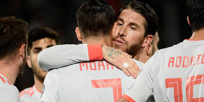 Spain's defender Sergio Ramos (C-R) embraces Spain's forward Alvaro Morata after Morata opened the scoring during the Euro 2020 Group F qualifying football match Malta vs Spain on March 26, 2019 at the Ta' Qali Stadium in Malta. (Photo by Filippo MONTEFORTE / AFP) (Photo credit should read FILIPPO MONTEFORTE/AFP/Getty Images)