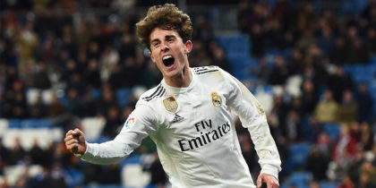 MADRID, SPAIN - FEBRUARY 03: Alvaro Odriozola of Real Madrid celebrates, but the goal is disallowed during the La Liga match between Real Madrid CF and Deportivo Alaves at Estadio Santiago Bernabeu on February 03, 2019 in Madrid, Spain. (Photo by Denis Doyle/Getty Images)