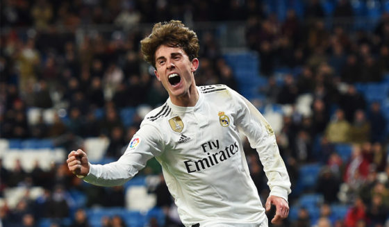 MADRID, SPAIN - FEBRUARY 03: Alvaro Odriozola of Real Madrid celebrates, but the goal is disallowed during the La Liga match between Real Madrid CF and Deportivo Alaves at Estadio Santiago Bernabeu on February 03, 2019 in Madrid, Spain. (Photo by Denis Doyle/Getty Images)