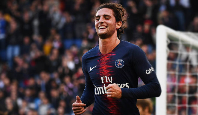Paris Saint-Germain's French midfielder Adrien Rabiot celebrates after scoring his team's second goal during the French L1 football match between Paris Saint-Germain (PSG) and Amiens at the Parc des Princes stadium in Paris on October 20, 2018. (Photo by Anne-Christine POUJOULAT / AFP) (Photo credit should read ANNE-CHRISTINE POUJOULAT/AFP/Getty Images)