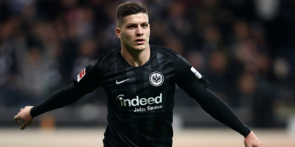 FRANKFURT AM MAIN, GERMANY - NOVEMBER 11: Luka Jovic of Eintracht Frankfurt celebrates after scoring his team's first goal during the Bundesliga match between Eintracht Frankfurt and FC Schalke 04 at Commerzbank-Arena on November 11, 2018 in Frankfurt am Main, Germany. (Photo by Alex Grimm/Bongarts/Getty Images)