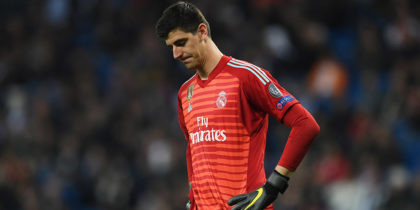 MADRID, SPAIN - MARCH 05: Thibaut Courtois of Real Madrid looks dejected during the UEFA Champions League Round of 16 Second Leg match between Real Madrid and Ajax at Bernabeu on March 05, 2019 in Madrid, Spain. (Photo by David Ramos/Getty Images)