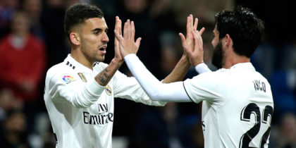 MADRID, SPAIN - MARCH 31: Dani Ceballos of Real Madrid celebrates with Isco after scoring his sides second goal during the La Liga match between Real Madrid CF and SD Huesca at Estadio Santiago Bernabeu on March 31, 2019 in Madrid, Spain. (Photo by Gonzalo Arroyo Moreno/Getty Images)
